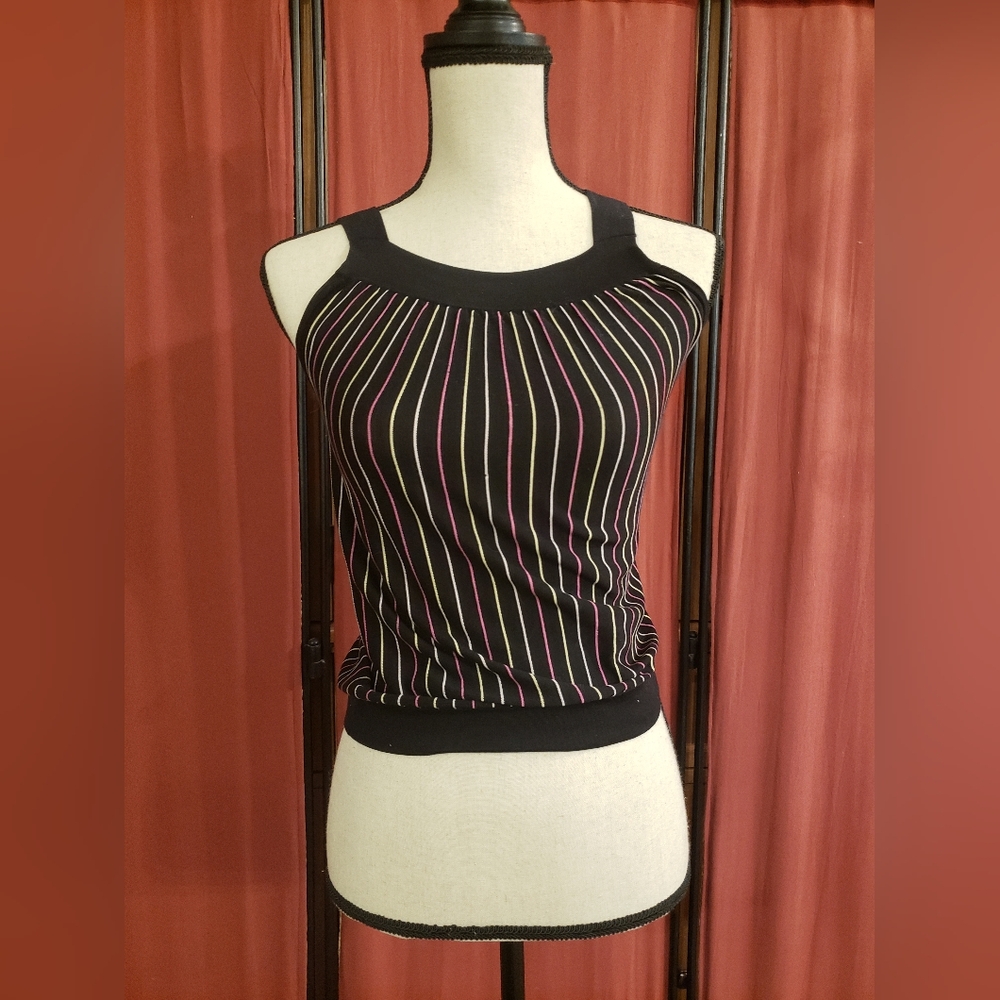 JINBANG CHUI sleeveless top black with colored stripes vintage look Size Small